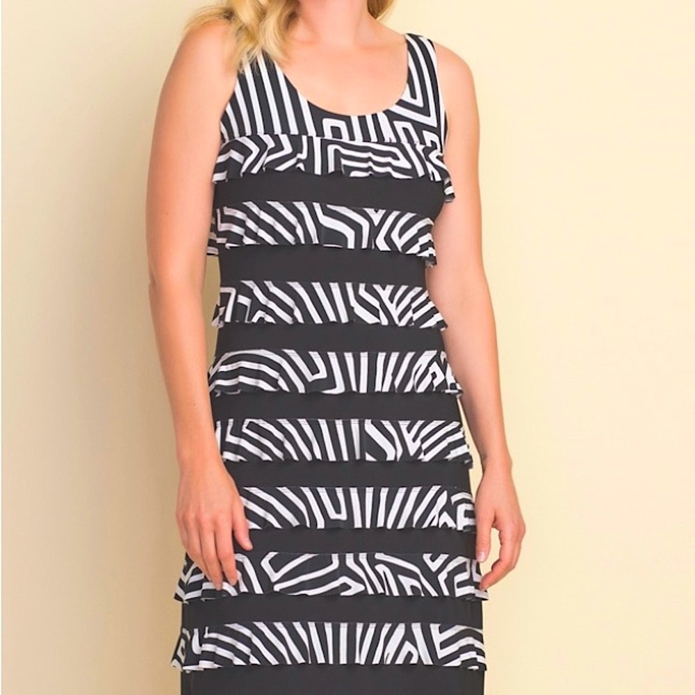 Joseph Ribkoff Black and White Tiered Midi Dress NWT!